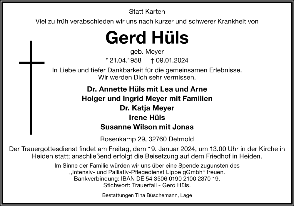  Traueranzeige für Gerd Hüls vom 13.01.2024 aus Lippische Landes-Zeitung