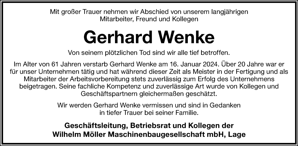  Traueranzeige für Gerhard Wenke vom 27.01.2024 aus Lippische Landes-Zeitung