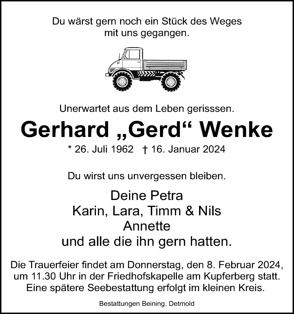  Traueranzeige für Gerhard Wenke vom 27.01.2024 aus Lippische Landes-Zeitung