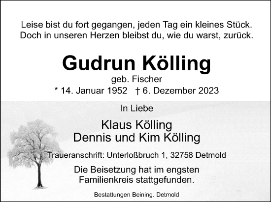 Anzeige  Gudrun Kölling  Lippische Landes-Zeitung