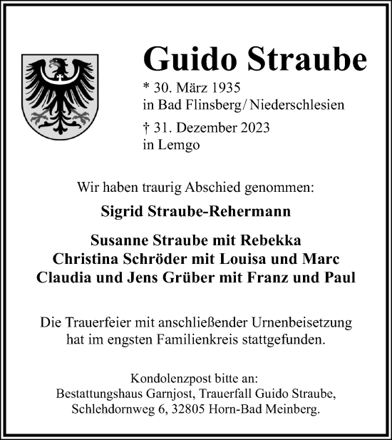 Anzeige  Guido Straube  Lippische Landes-Zeitung