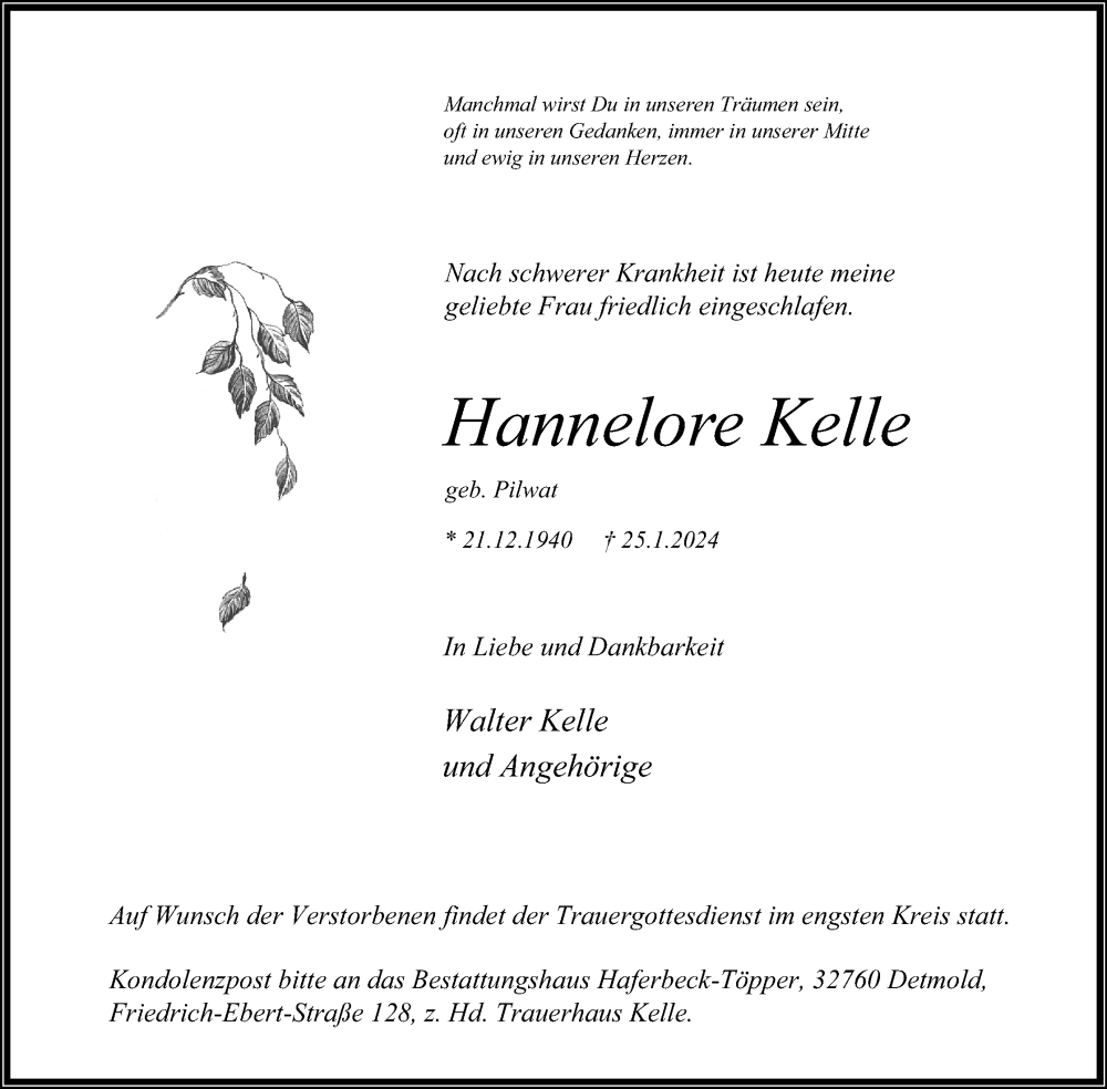  Traueranzeige für Hannelore Kelle vom 27.01.2024 aus Lippische Landes-Zeitung