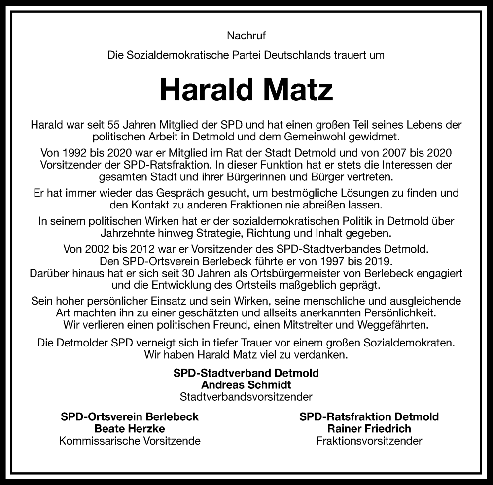  Traueranzeige für Harald Matz vom 06.01.2024 aus Lippische Landes-Zeitung