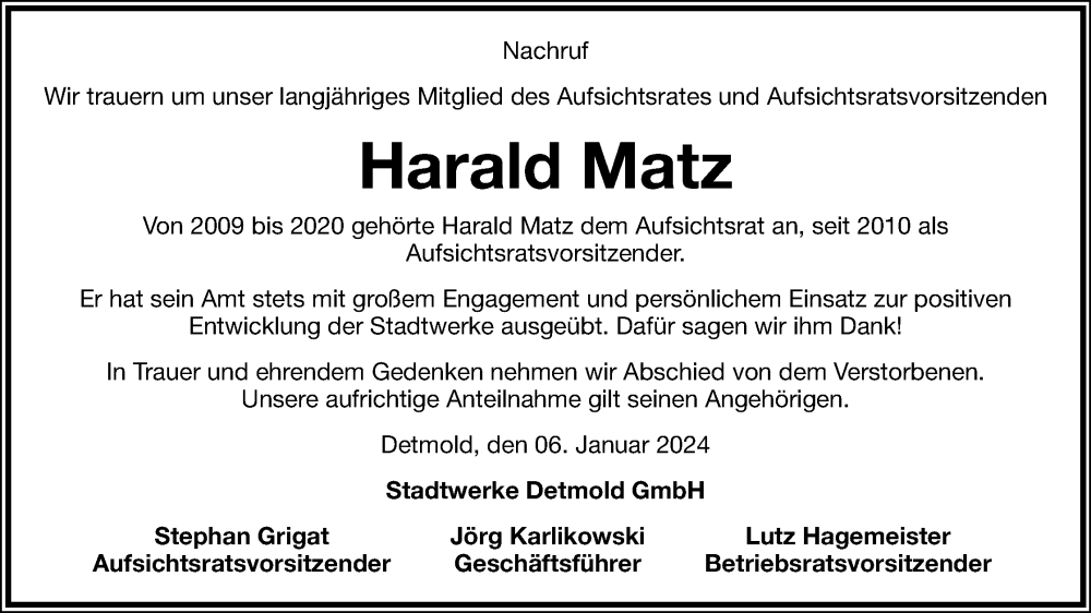  Traueranzeige für Harald Matz vom 06.01.2024 aus Lippische Landes-Zeitung
