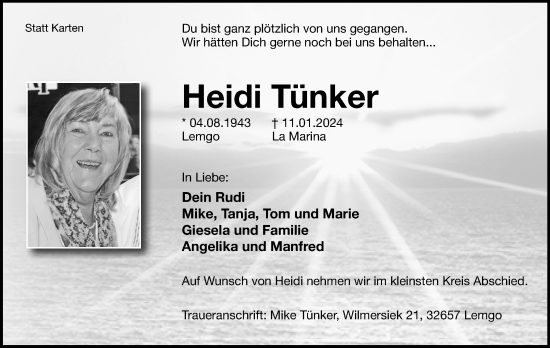Anzeige  Heidi Tünker  Lippische Landes-Zeitung