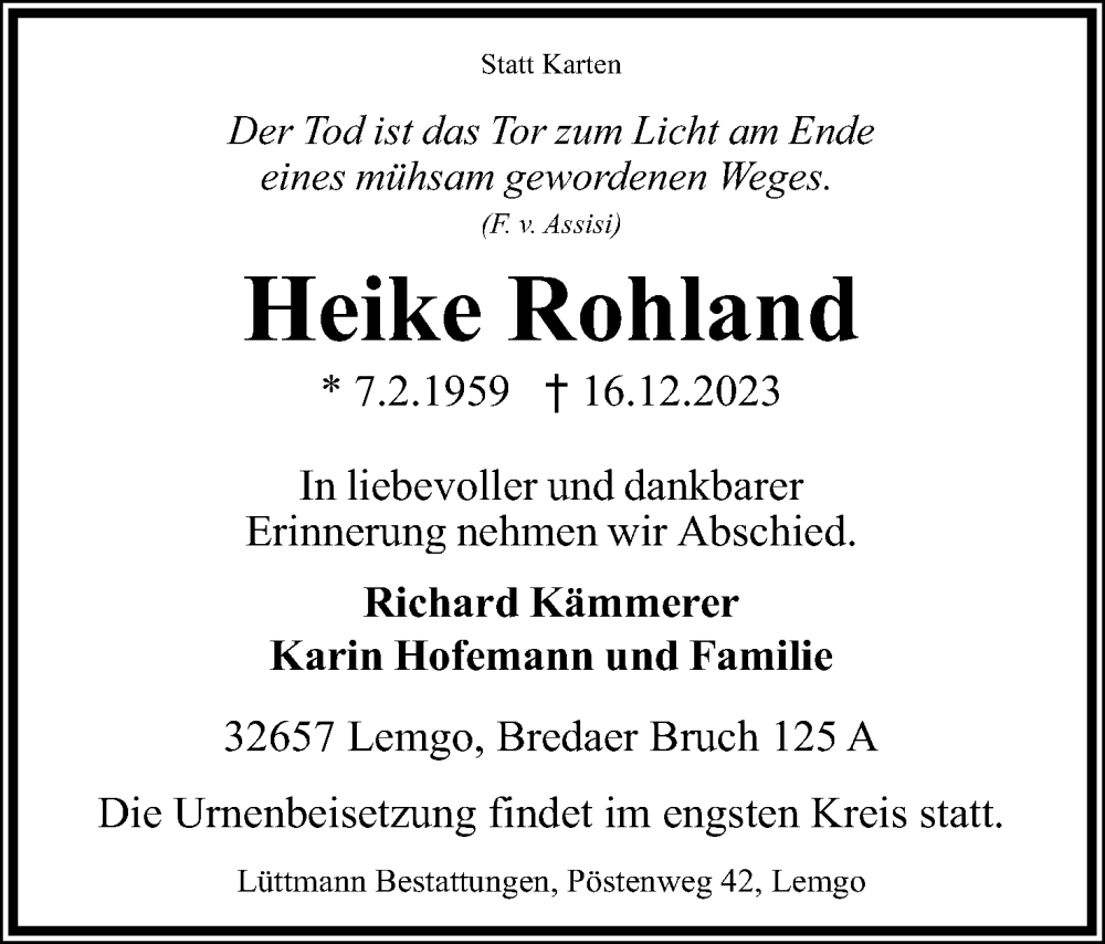  Traueranzeige für Heike Rohland vom 06.01.2024 aus Lippische Landes-Zeitung
