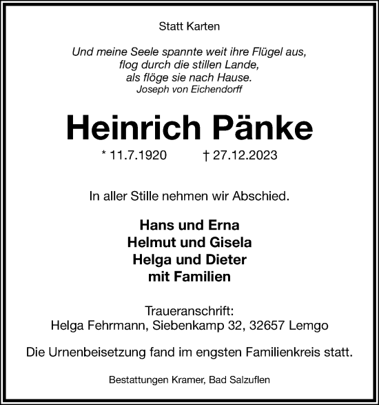 Anzeige  Heinrich Pänke  Lippische Landes-Zeitung