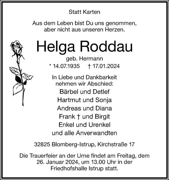 Anzeige  Helga Roddau  Lippische Landes-Zeitung