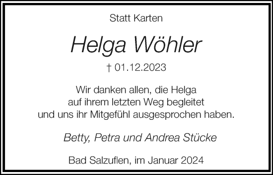 Anzeige  Helga Wöhler  Lippische Landes-Zeitung