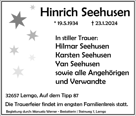 Anzeige  Hinrich Seehusen  Lippische Landes-Zeitung