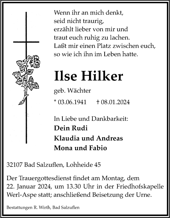 Anzeige  Ilse Hilker  Lippische Landes-Zeitung