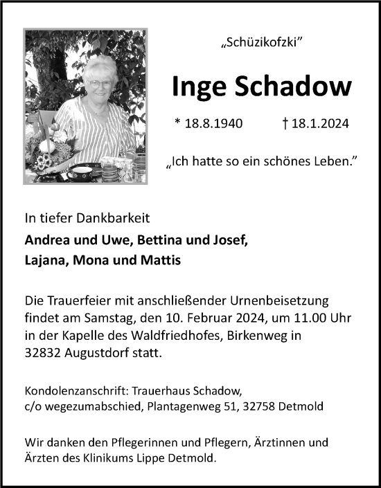 Anzeige  Inge Schadow  Lippische Landes-Zeitung