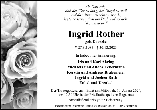Anzeige  Ingrid Rother  Lippische Landes-Zeitung