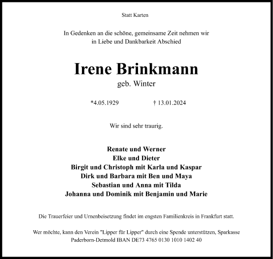 Anzeige  Irene Brinkmann  Lippische Landes-Zeitung