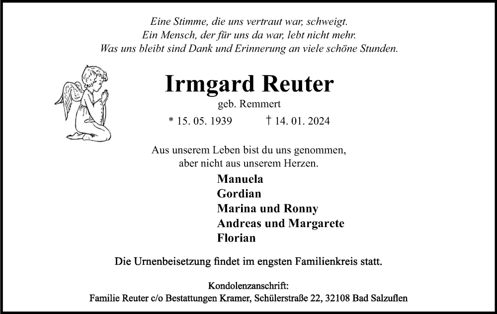  Traueranzeige für Irmgard Reuter vom 20.01.2024 aus Lippische Landes-Zeitung