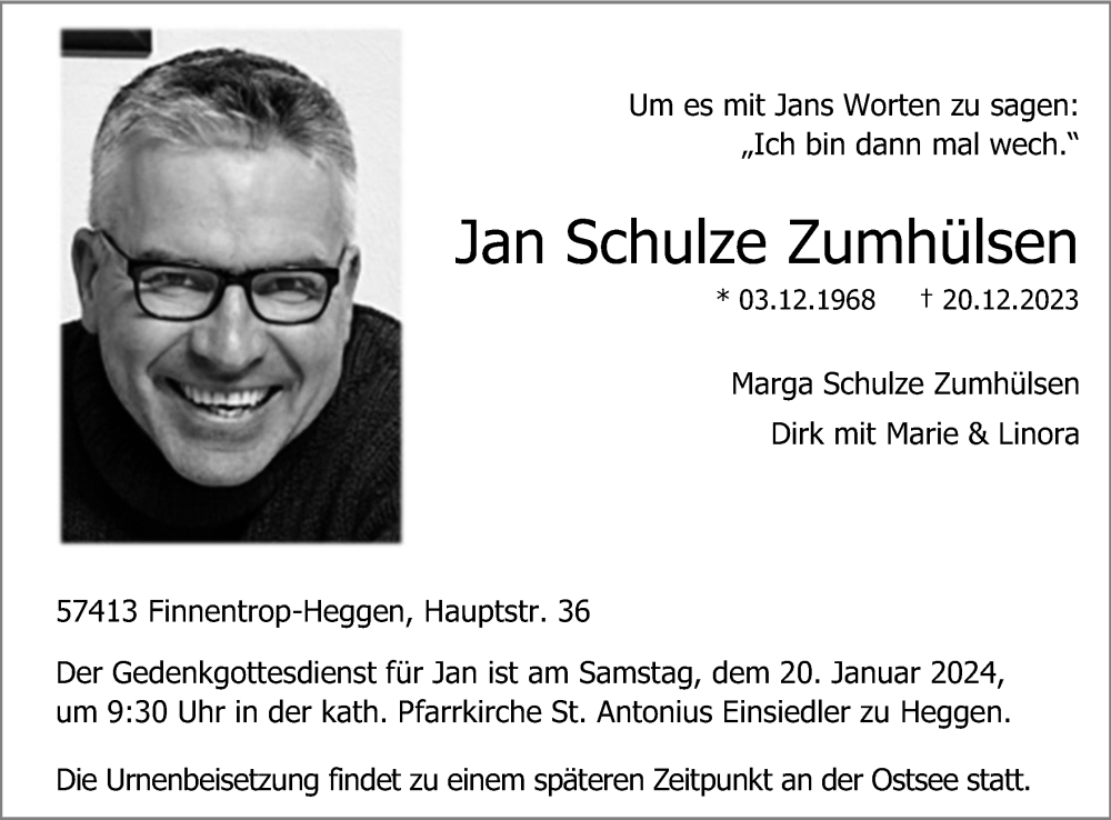  Traueranzeige für Jan Schulze Zumhülsen vom 06.01.2024 aus Lippische Landes-Zeitung