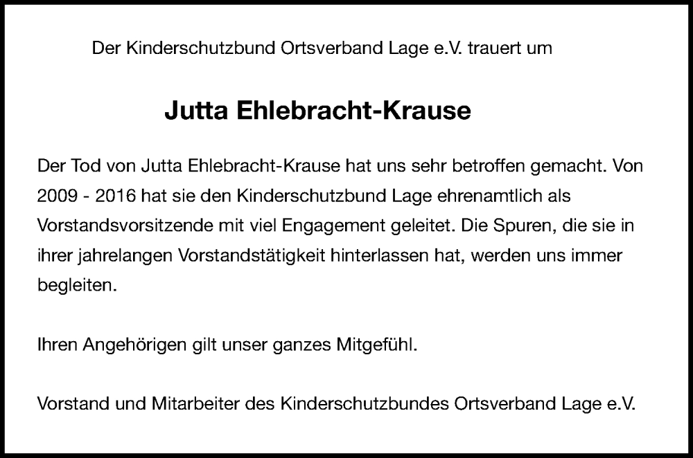  Traueranzeige für Jutta Ehlebracht-Krause vom 27.01.2024 aus Lippische Landes-Zeitung