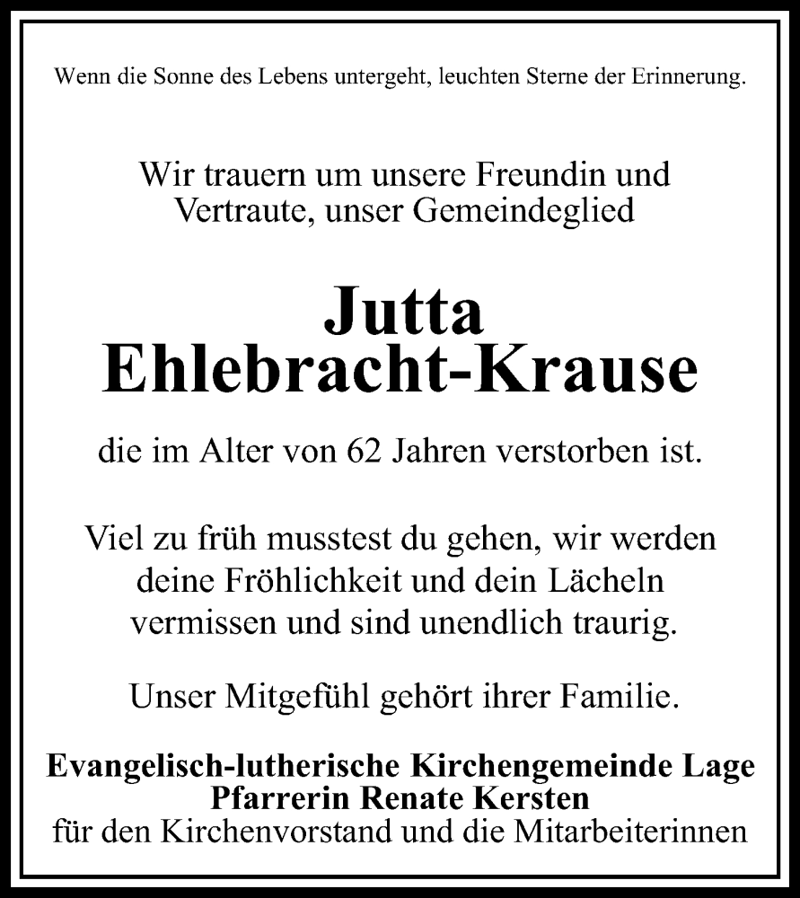  Traueranzeige für Jutta Ehlebracht-Krause vom 27.01.2024 aus Lippische Landes-Zeitung