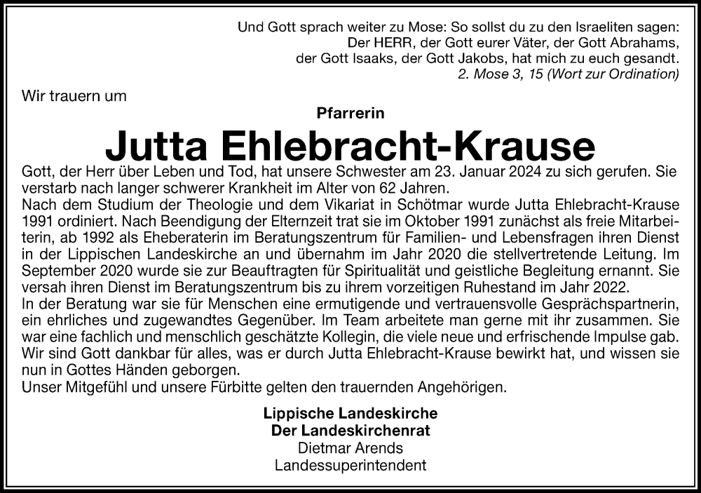  Traueranzeige für Jutta Ehlebracht-Krause vom 27.01.2024 aus Lippische Landes-Zeitung