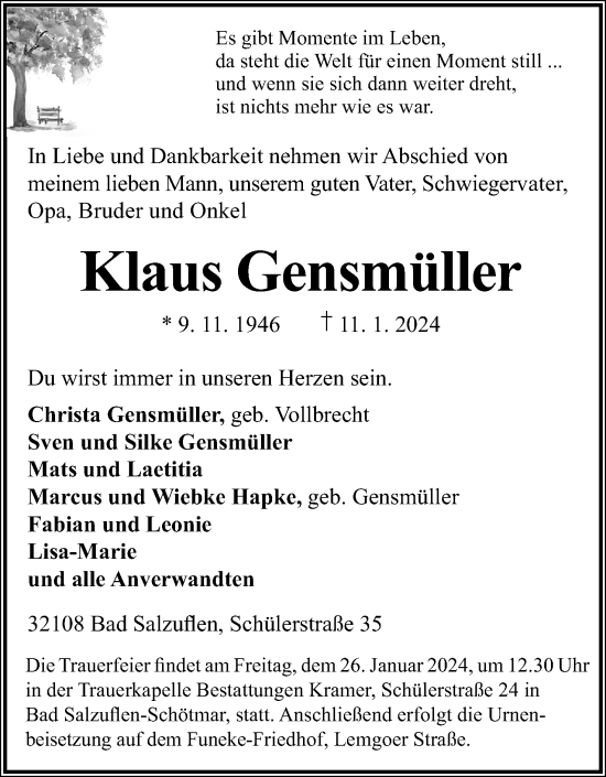 Anzeige  Klaus Gensmüller  Lippische Landes-Zeitung