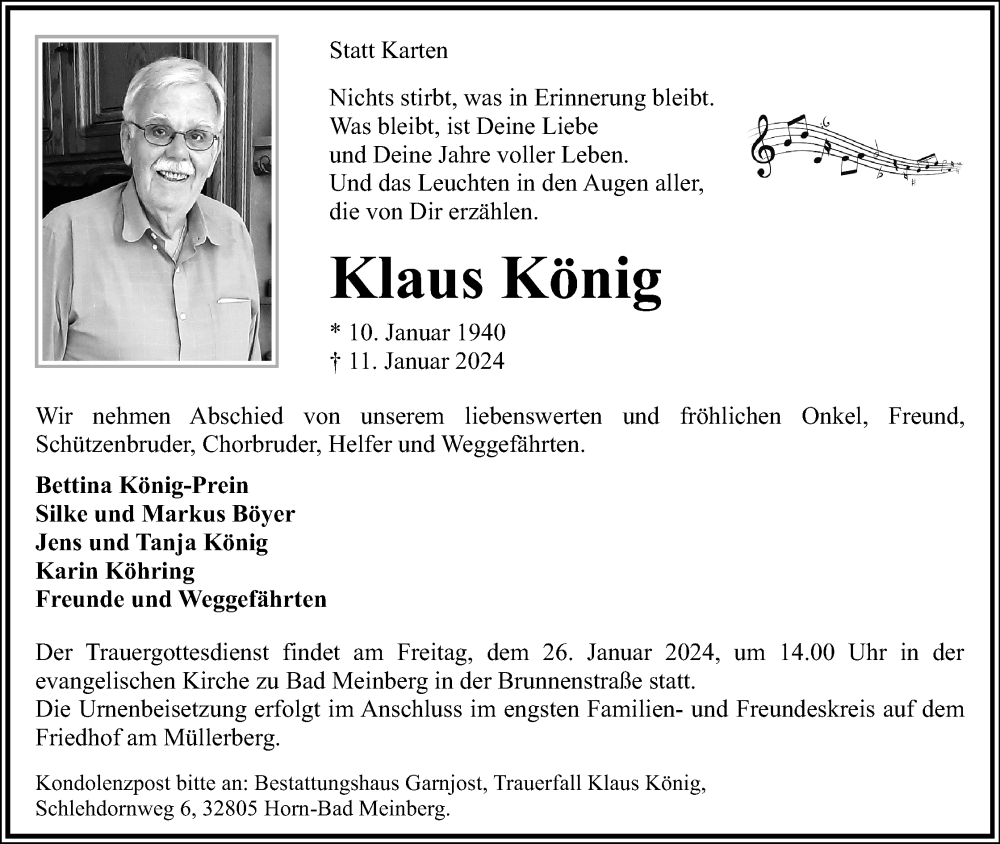  Traueranzeige für Klaus König vom 20.01.2024 aus Lippische Landes-Zeitung