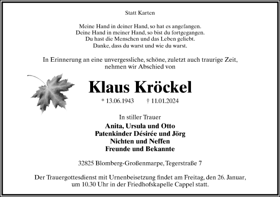 Anzeige  Klaus Kröckel  Lippische Landes-Zeitung
