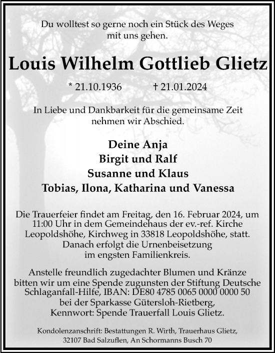 Anzeige  Louis Wilhelm Gottlieb Glietz  Lippische Landes-Zeitung