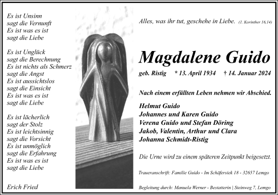 Anzeige  Magdalene Guido  Lippische Landes-Zeitung