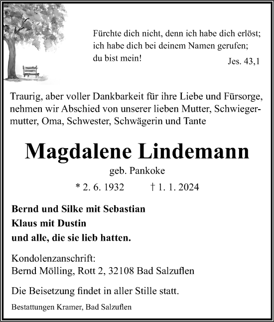 Anzeige  Magdalene Lindemann  Lippische Landes-Zeitung