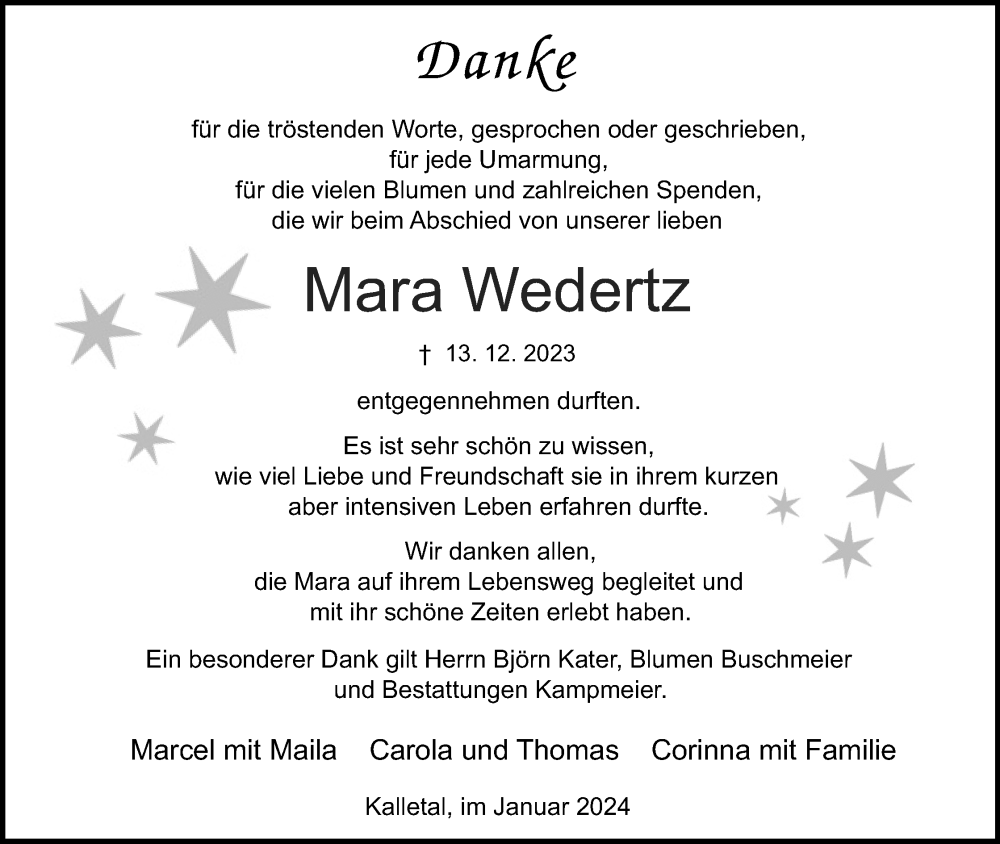  Traueranzeige für Mara Wedertz vom 20.01.2024 aus Lippische Landes-Zeitung