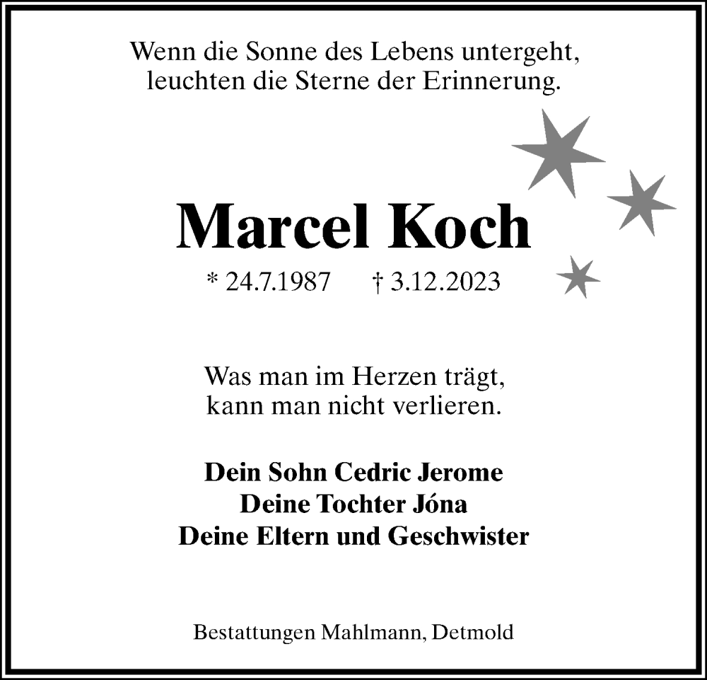  Traueranzeige für Marcel Koch vom 20.01.2024 aus Lippische Landes-Zeitung