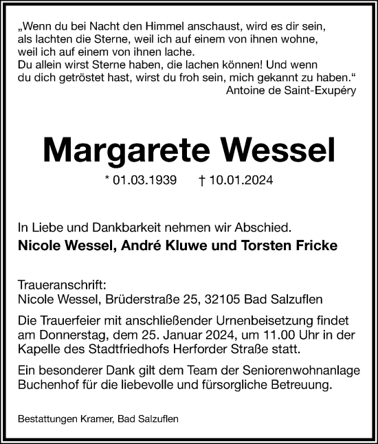 Anzeige  Margarete Wessel  Lippische Landes-Zeitung