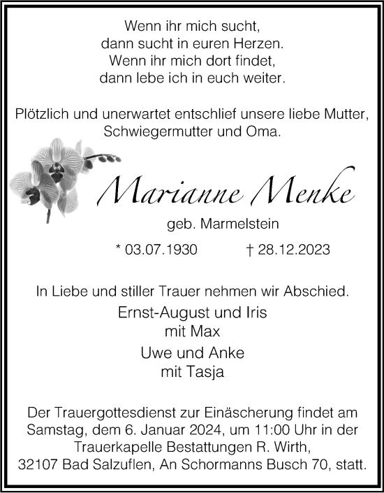 Anzeige  Marianne Menke  Lippische Landes-Zeitung