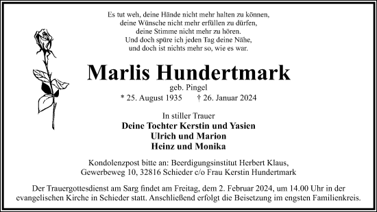 Anzeige  Marlis Hundertmark  Lippische Landes-Zeitung