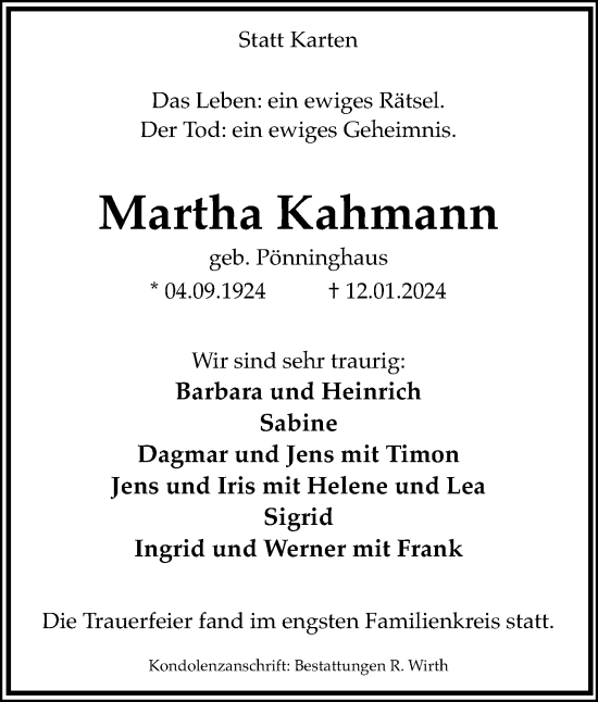 Anzeige  Martha Kahmann  Lippische Landes-Zeitung