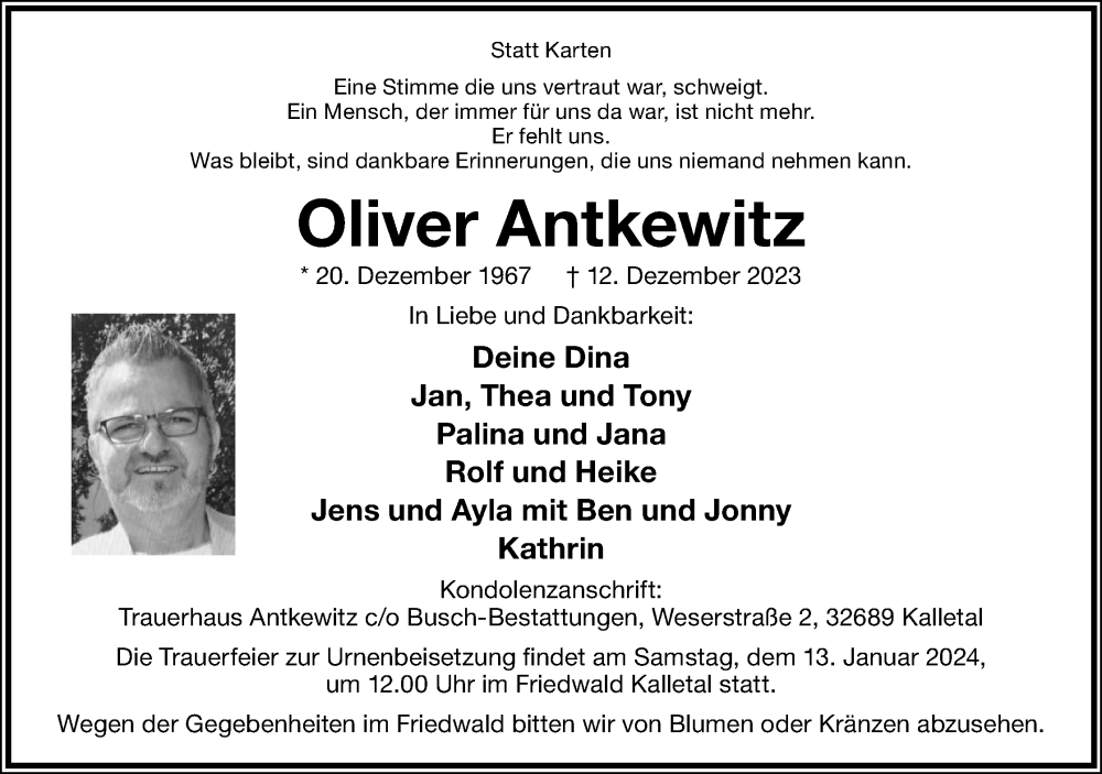  Traueranzeige für Oliver Antkewitz vom 06.01.2024 aus Lippische Landes-Zeitung