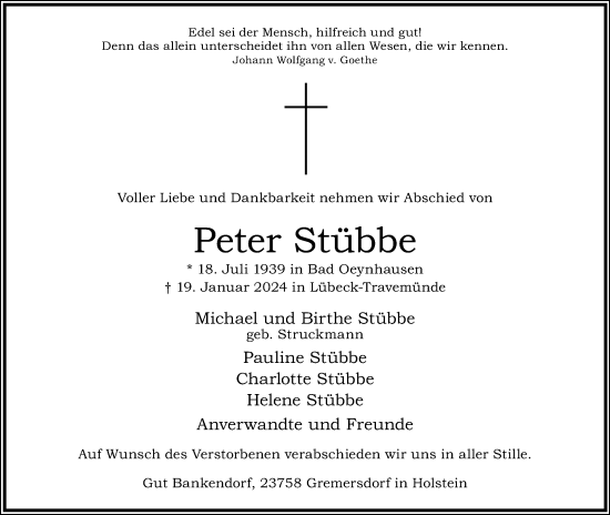 Anzeige  Peter Stübbe  Lippische Landes-Zeitung