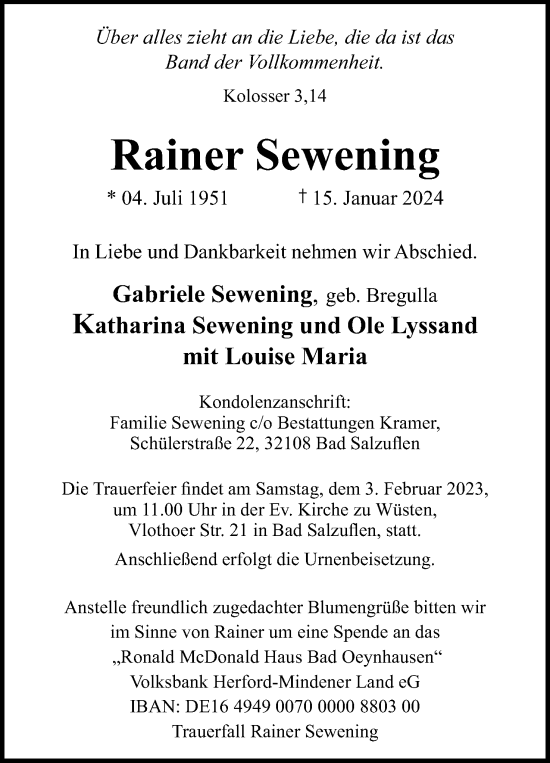 Anzeige  Rainer Sewening  Lippische Landes-Zeitung