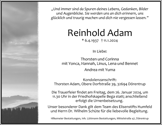 Anzeige  Reinhold Adam  Lippische Landes-Zeitung