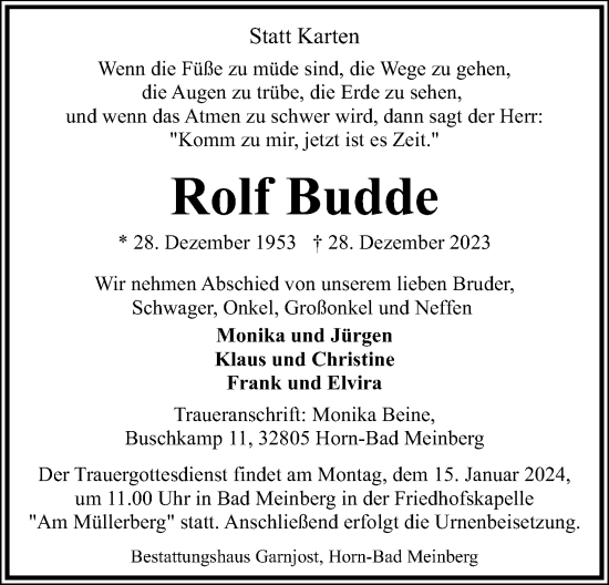 Anzeige  Rolf Budde  Lippische Landes-Zeitung