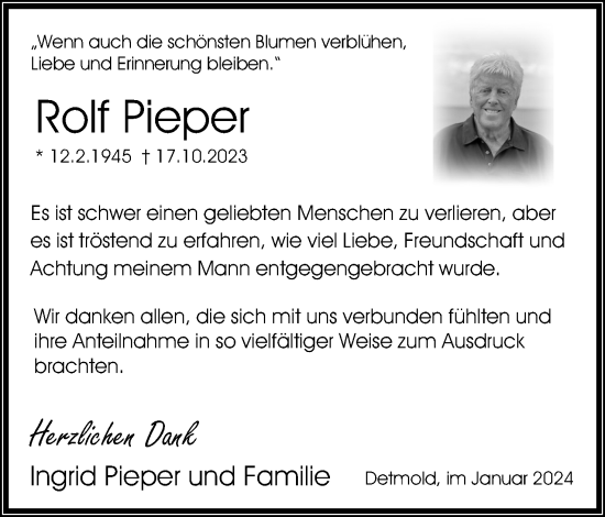 Anzeige  Rolf Pieper  Lippische Landes-Zeitung