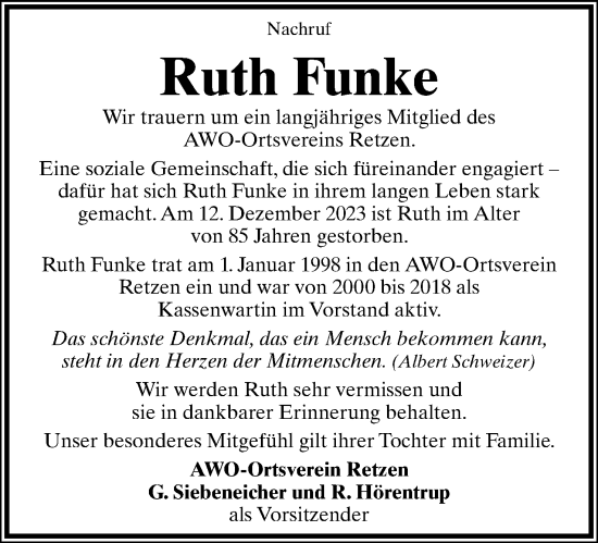 Anzeige  Ruth Funke  Lippische Landes-Zeitung