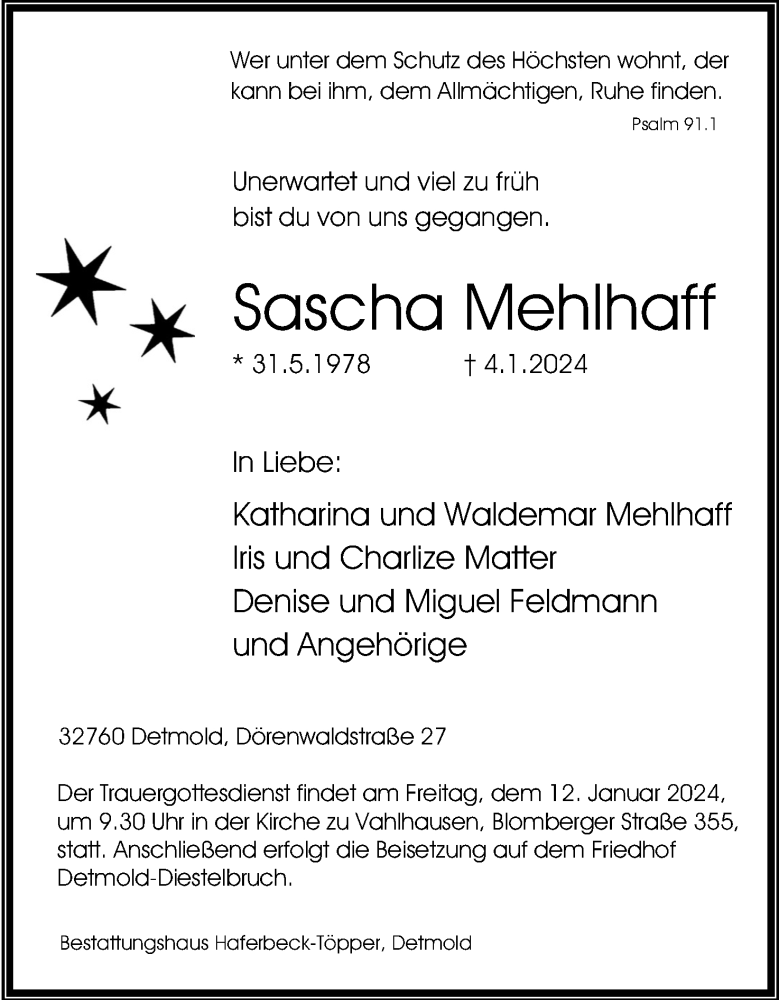  Traueranzeige für Sascha Mehlhaff vom 06.01.2024 aus Lippische Landes-Zeitung