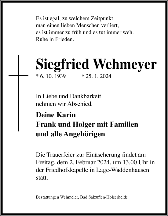 Anzeige  Siegfried Wehmeyer  Lippische Landes-Zeitung