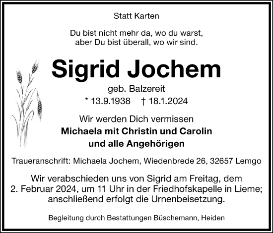 Anzeige  Sigrid Jochem  Lippische Landes-Zeitung