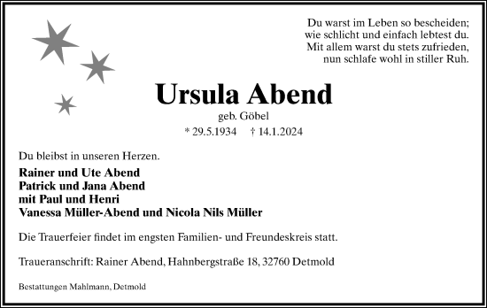 Anzeige  Ursula Abend  Lippische Landes-Zeitung