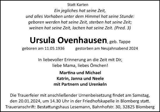 Anzeige  Ursula Ovenhausen  Lippische Landes-Zeitung
