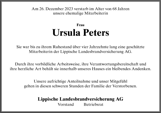 Anzeige  Ursula Peters  Lippische Landes-Zeitung