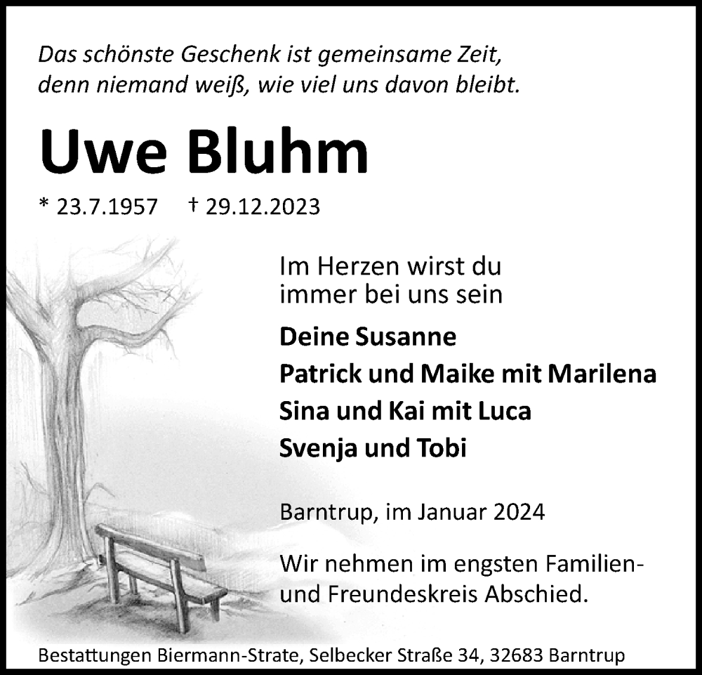  Traueranzeige für Uwe Bluhm vom 06.01.2024 aus Lippische Landes-Zeitung