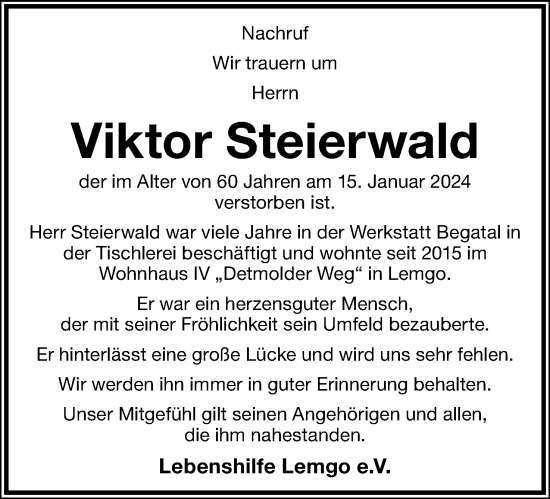 Anzeige  Viktor Steierwald  Lippische Landes-Zeitung
